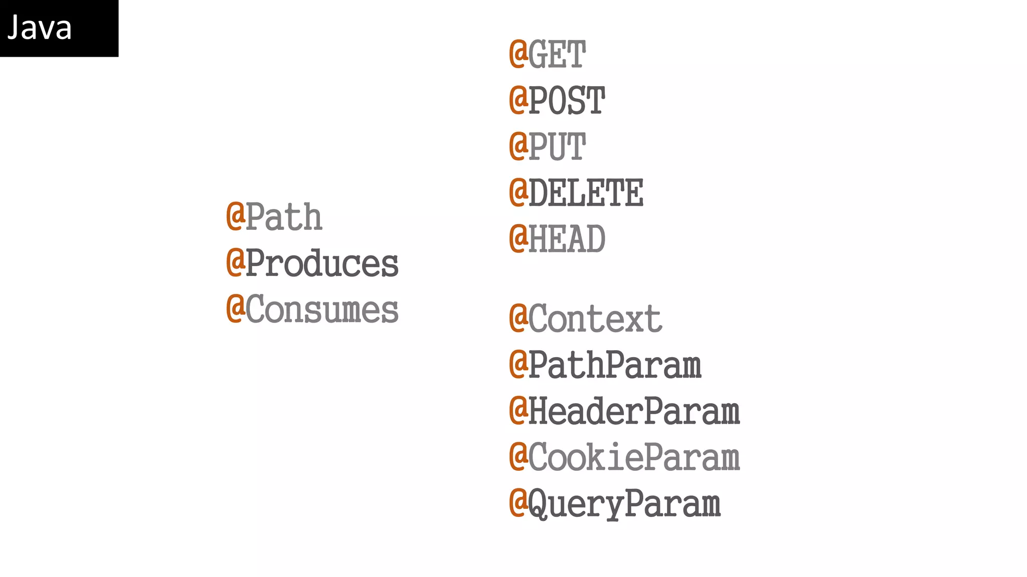 @Path @Produces @Consumes @GET @POST @PUT @DELETE @HEAD @Context @PathParam @HeaderParam @CookieParam @QueryParam Java 