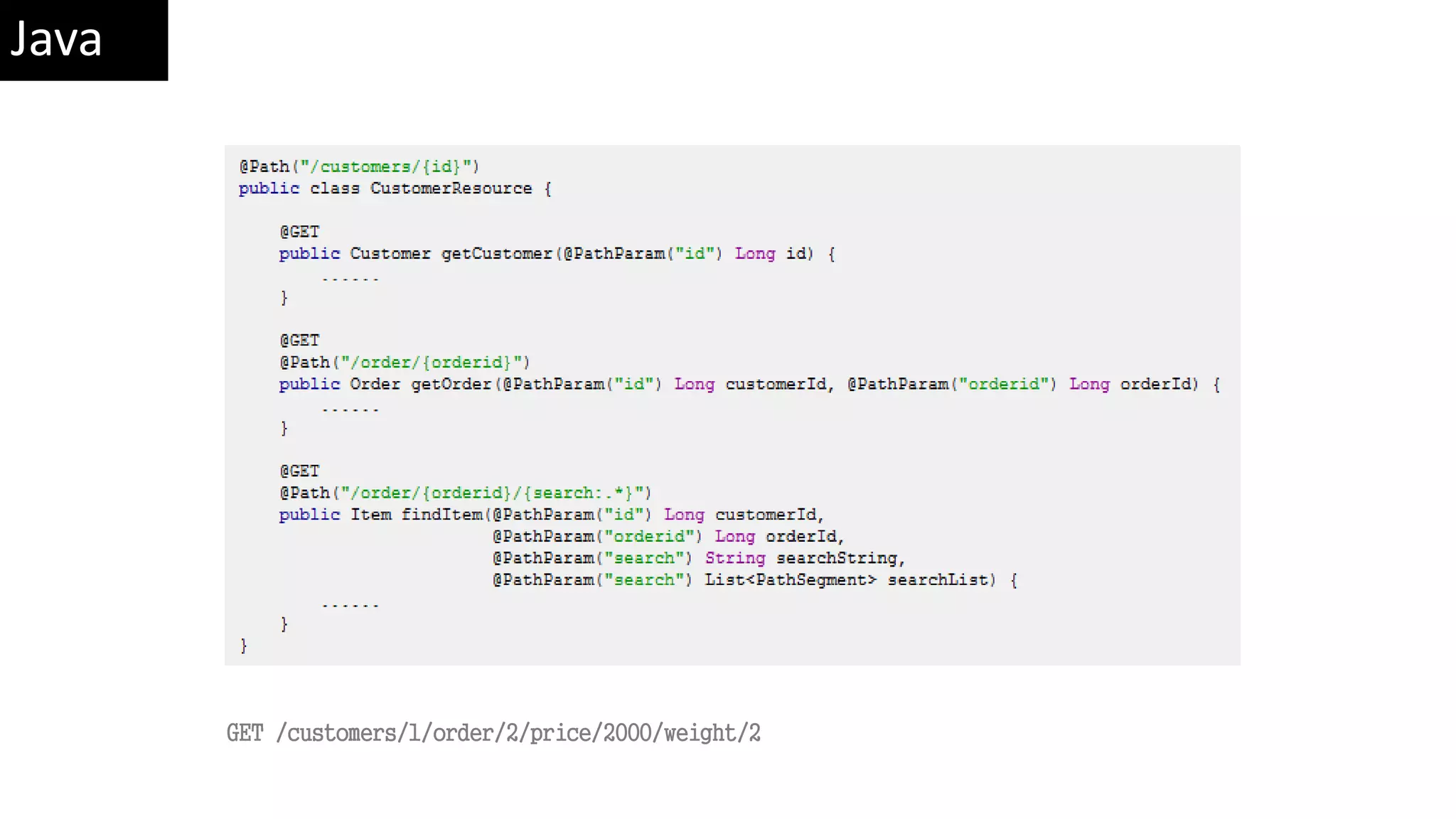 GET /customers/1/order/2/price/2000/weight/2 Java 