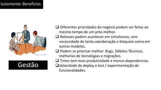 Isolamento: Beneficios
Gestão
 Diferentes prioridades do negócio podem ser feitas ao
mesmo tempo de um jeito melhor.
 Releases podem acontecer em simultaneo, sem
necessidade de tanta coordenação e bloqueio como em
outros modelos.
 Podem se priorizar melhor: Bugs, Débitos Técnicos,
melhorias de tecnologias e migrações.
 Times tem mais produtividade e menos dependencias.
Velocidade de deploy e test / experimentação de
funcionalidades.
 