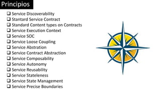Principios
 Service Discoverability
 Stantard Service Contract
 Standard Content types on Contracts
 Service Execution Context
 Service SOC
 Service Loose Coupling
 Service Abstration
 Service Contract Abstraction
 Service Composability
 Service Autonomy
 Service Reusability
 Service Stateleness
 Service State Management
 Service Precise Boundaries
 