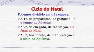 Ciclo do Natal
Podemos dividi-lo em três etapas:
A 1ª, de preparação, de gestação - é
o tempo do Advento.
A 2ª, de chegada, de realização, é a
festa do Natal.
A 3ª, finalmente, de manifestação é
a festa da Epifania.
 