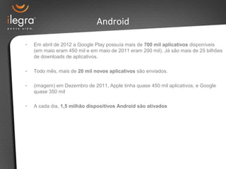 Android
- Em abril de 2012 a Google Play possuía mais de 700 mil aplicativos disponíveis
(em maio eram 450 mil e em maio de 2011 eram 200 mil). Já são mais de 25 bilhões
de downloads de aplicativos.
- Todo mês, mais de 20 mil novos aplicativos são enviados.
- (imagem) em Dezembro de 2011, Apple tinha quase 450 mil aplicativos, e Google
quase 350 mil
- A cada dia, 1,5 milhão dispositivos Android são ativados
 