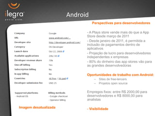 Perspectivas para desenvolvedores
- A Plays store vende mais do que a App
Store desde março de 2011
- Desde janeiro de 2011, é permitida a
inclusão de pagamentos dentro de
aplicativos
- Projeção de lucro para desenvolvedores
independentes x empresas
- 80% do dinheiro das app stores vão para
as grandes desenvolvedoras
Oportunidades de trabalho com Android:
– Sites de free-lancers
– Projetos open source
Empregos fixos: entre R$ 2000,00 para
desenvolvedores e R$ 8000,00 para
analistas
- Visibilidade
Android
Imagem desatualizada
 