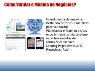 Como Validar o Modelo de Negócios?
Usando mapa de empatia;
Definindo critérios e métricas
para validação;
Planejando e fazendo visitas
e/ou entrevistas via telefone
e/ou ferramentas de
formulários via Web;
Landing Page; Testes A/B;
Protótipos; PMV; ...
 