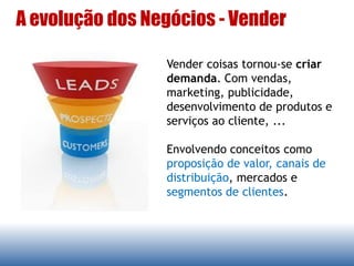 Vender coisas tornou-se criar
demanda. Com vendas,
marketing, publicidade,
desenvolvimento de produtos e
serviços ao cliente, ...
Envolvendo conceitos como
proposição de valor, canais de
distribuição, mercados e
segmentos de clientes.
A evolução dos Negócios - Vender
 