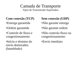 Camada de Transporte
Tipos de Transmissão Suportados
Com conexão (TCP)
●Entrega garantida
●Ordem garantida
●Controle de fluxo e
congestionamento
●Início e término do
envio demorados
(handshake)
Sem conexão (UDP)
●Não garante entrega
●Não garante ordem
●Não controla fluxo ou
congestionamento
●Envio imediato
 