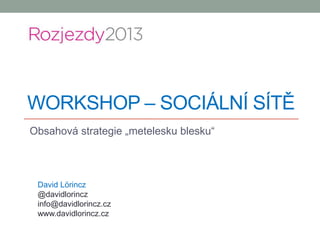 WORKSHOP – SOCIÁLNÍ SÍTĚ
Obsahová strategie „metelesku blesku“
David Lörincz
@davidlorincz
info@davidlorincz.cz
www.davidlorincz.cz
 