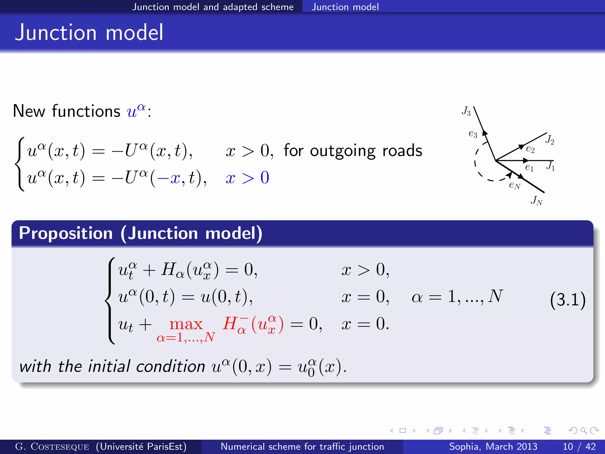 Junction model and adapted scheme Junction model
Junction model
New functions uα:
uα(x, t) = −Uα(x, t), x > 0, for outgoing roads
uα(x, t) = −Uα(−x, t), x > 0
J3
e3
J2
e2
e1 J1
JN
eN
Proposition (Junction model)



uα
t + Hα(uα
x ) = 0, x > 0,
uα(0, t) = u(0, t), x = 0, α = 1, ..., N
ut + max
α=1,...,N
H−
α (uα
x ) = 0, x = 0.
(3.1)
with the initial condition uα(0, x) = uα
0 (x).
G. Costeseque (Universit´e ParisEst) Numerical scheme for traﬃc junction Sophia, March 2013 10 / 42
 