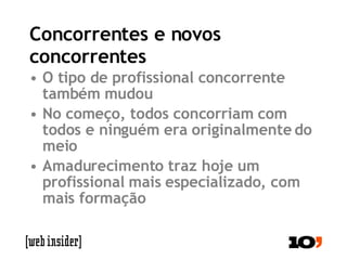 Concorrentes e novos concorrentes O tipo de profissional concorrente também mudou No começo, todos concorriam com todos e ninguém era originalmente do meio Amadurecimento traz hoje um profissional mais especializado, com mais formação 