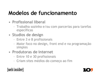 Modelos de funcionamento Profissional liberal Trabalha sozinho e/ou com parcerias para tarefas específicas Studios de design  Entre 3 e 8 profissionais  Maior foco no design, front end e na programação simples Produtoras de internet Entre 10 e 30 profissionais Criam sites médios do começo ao fim 