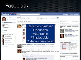 Facebook


        Berichten plaatsen
            Discussies
            Attenderen
          Filmpjes delen
       Collega’s benaderen
 