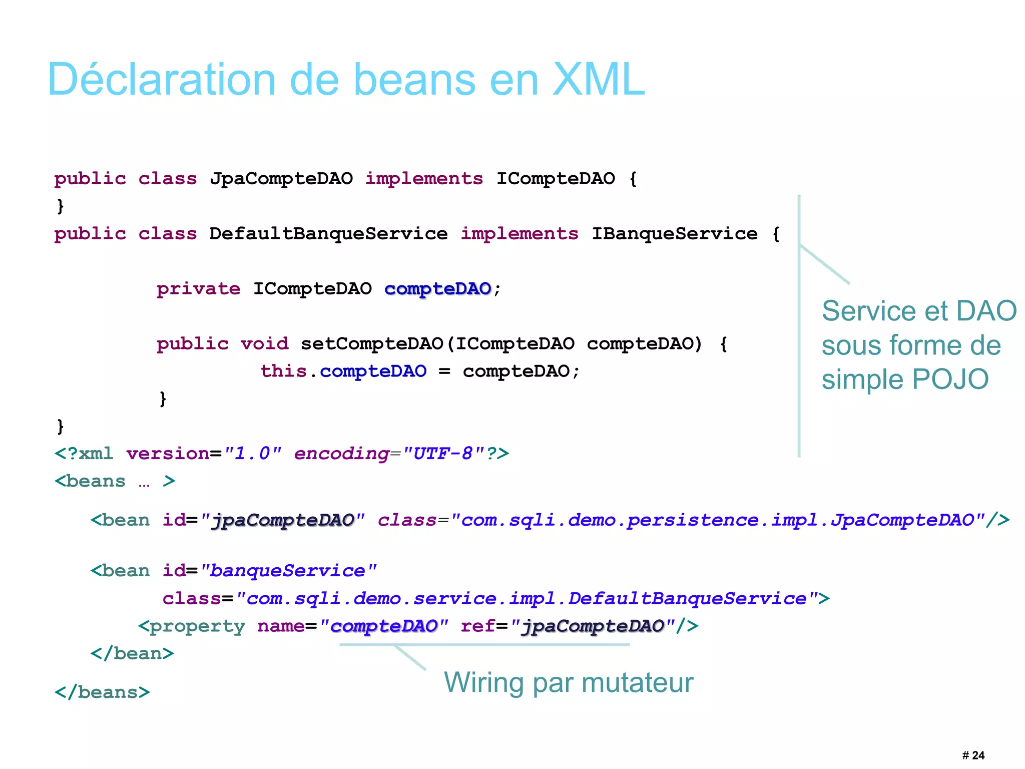 public class JpaCompteDAO implements ICompteDAO { 
} 
public class DefaultBanqueService implements IBanqueService { 
private ICompteDAO compteDAO; 
public void setCompteDAO(ICompteDAO compteDAO) { 
this.compteDAO = compteDAO; 
} 
} 
<?xml version="1.0" encoding="UTF-8"?> 
<beans … > 
<bean id="jpaCompteDAO" class="com.sqli.demo.persistence.impl.JpaCompteDAO"/> 
<bean id="banqueService" 
class="com.sqli.demo.service.impl.DefaultBanqueService"> 
<property name="compteDAO" ref="jpaCompteDAO"/> 
</bean> 
</beans> 
# 24 
Déclaration de beans en XML 
Service et DAO 
sous forme de 
simple POJO 
Wiring par mutateur 
 