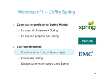 1. Zoom sur le portfolio de Spring Pivotal 
Le coeur du framework Spring 
Le support proposé par Spring 
2. Les fondamentaux 
Fonctionnement du conteneur léger 
Les beans Spring 
Design patterns rencontré dans Spring 
# 16 
Worshop n°1 – L’offre Spring 
 