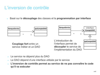 «interface» 
ICompteDAO 
# 17 
L’inversion de contrôle 
Basé sur le découplage des classes et la programmation par interface 
BanqueService JpaCompteDAO 
* 1 
Couplage fort entre un 
service métier et un DAO 
BanqueService 
JpaCompteDAO 
* 1 
L’introduction de 
l’interface permet de 
découpler le service de 
l’implémentation du DAO 
Le service ne dépend plus du DAO 
Le DAO dépend d’une interface utilisée par le service 
L’inversion de contrôle permet au service de ne pas connaître le code 
qu’il va exécuter 
 
