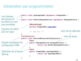 # 26 
Déclaration par programmation 
public class JpaCompteDAO implements ICompteDAO { 
} 
public class DefaultBanqueService implements IBanqueService { 
@Autowired 
private ICompteDAO compteDAO; 
/* Setter */ 
} 
@Configuration 
public class ServiceBancaireConfiguration { 
@Bean 
public IBanqueService banqueService() { 
return new DefaultBanqueService(); 
} 
@Bean 
public ICompteDAO jpaCompteDAO() { 
return new JpaCompteDAO(); 
} 
} 
Les classes 
de service et 
de DAO ne sont 
pas annotées 
Injection du DAO 
par son type 
Classe remplaçant la 
configuration XML 
Définition de 2 beans 
Spring 
nom de la méthode 
= 
nom du bean 
 