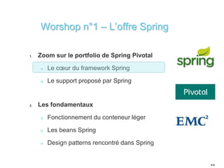 1. Zoom sur le portfolio de Spring Pivotal 
Le coeur du framework Spring 
Le support proposé par Spring 
2. Les fondamentaux 
Fonctionnement du conteneur léger 
Les beans Spring 
Design patterns rencontré dans Spring 
# 4 
Worshop n°1 – L’offre Spring 
 
