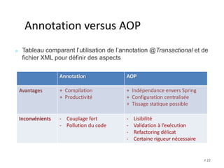# 22 
Annotation versus AOP 
Tableau comparant l’utilisation de l’annotation @Transactional et de 
fichier XML pour définir des aspects 
Annotation AOP 
Avantages + Compilation 
+ Productivité 
+ Indépendance envers Spring 
+ Configuration centralisée 
+ Tissage statique possible 
Inconvénients - Couplage fort 
- Pollution du code 
- Lisibilité 
- Validation à l’exécution 
- Refactoring délicat 
- Certaine rigueur nécessaire 
