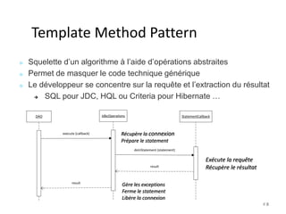 # 8 
Template Method Pattern 
Squelette d’un algorithme à l’aide d’opérations abstraites 
Permet de masquer le code technique générique 
Le développeur se concentre sur la requête et l’extraction du résultat 
 SQL pour JDC, HQL ou Criteria pour Hibernate … 
JdbcOperations DAO StatementCallback 
result 
execute (callback) 
result 
doInStatement (statement) 
Exécute la requête 
Récupère le résultat 
Récupère la connexion 
Prépare le statement 
Gère les exceptions 
Ferme le statement 
Libère la connexion 
 