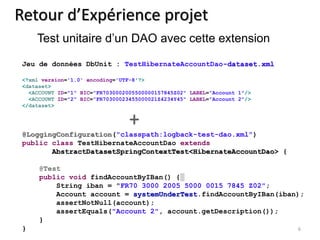 6 
Retour d’Expérience projet 
Test unitaire d’un DAO avec cette extension 
Jeu de données DbUnit : TestHibernateAccountDao-dataset.xml 
<?xml version='1.0' encoding='UTF-8'?> 
<dataset> 
<ACCOUNT ID="1" BIC="FR7030002005500000157845Z02" LABEL=“Account 1"/> 
<ACCOUNT ID="2" BIC="FR70300023455000021Z4234Y45" LABEL="Account 2"/> 
</dataset> 
+ 
@LoggingConfiguration("classpath:logback-test-dao.xml") 
public class TestHibernateAccountDao extends 
AbstractDatasetSpringContextTest<HibernateAccountDao> { 
@Test 
public void findAccountByIBan() { 
String iban = "FR70 3000 2005 5000 0015 7845 Z02"; 
Account account = systemUnderTest.findAccountByIBan(iban); 
assertNotNull(account); 
assertEquals("Account 2", account.getDescription()); 
} 
} 
 
