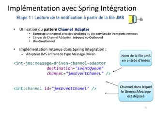 Implémentation avec Spring Intégration
• Utilisation du pattern Channel Adapter
• Connecte un channel avec des systèmes ou des services de transports externes
• 2 types de Channel Addapter : Inbound ou Outbound
• Uni-directionnel
• Implémentation retenue dans Spring Integration :
– Adapteur JMS entrant de type Message Driven
<int-jms:message-driven-channel-adapter
destination="EventQueue"
channel="jmsEventChanel" />
<int:channel id="jmsEventChanel" />
13
Etape 1 : Lecture de la notification à partir de la file JMS
Nom de la file JMS
en entrée d’Index
Channel dans lequel
le GenericMessage
est déposé
 