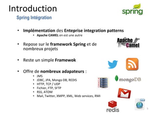 Introduction
• Implémentation des Enteprise integration patterns
• Apache CAMEL en est une autre
• Repose sur le framework Spring et de
nombreux projets
• Reste un simple Framewok
• Offre de nombreux adapateurs :
• JMS
• JDBC, JPA, Mongo DB, REDIS
• HTTP, TCP / UDP
• Fichier, FTP, SFTP
• RSS, ATOM
• Mail, Twitter, XMPP, XML, Web services, RMI
5
Spring Intégration
 