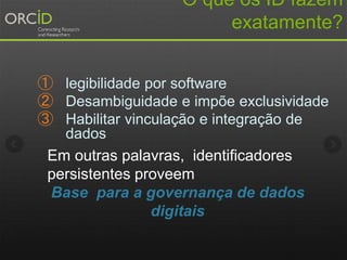 O que os ID fazem
exatamente?
① legibilidade por software
② Desambiguidade e impõe exclusividade
③ Habilitar vinculação e integração de
dados
Em outras palavras, identificadores
persistentes proveem
Base para a governança de dados
digitais
 