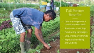 • Donor management +
communication tools
• Academies + trainings
• Fundraising campaigns
• Corporate partnerships
• Reputation building
and visibility
Full Partner
Benefits
 