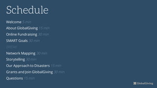 Schedule
Welcome 5 min
About GlobalGiving 15 min
Online Fundraising 30 min
SMART Goals 30 min
BREAK
Network Mapping 30 min
Storytelling 30 min
Our Approach to Disasters 15 min
Grants and Join GlobalGiving 30 min
Questions 15 min
 