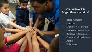 Your network is
bigger than you think!
• Board members
• Diaspora
• Local business owners
• Leaders in the industry
• Religious institutions
• Community foundations
• Alumni
• Volunteers
 