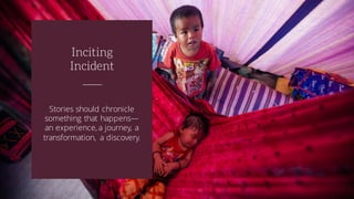 Stories should chronicle
something that happens—
an experience, a journey, a
transformation, a discovery.
Inciting
Incident
 