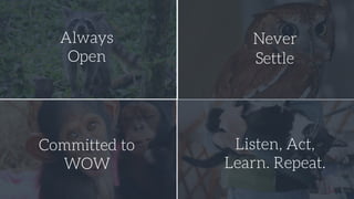 Always
Open
Never
Settle
Committed to
WOW
Listen, Act,
Learn. Repeat.
 