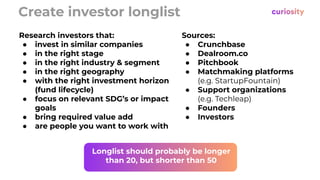 Create investor longlist
Research investors that:
● invest in similar companies
● in the right stage
● in the right industry & segment
● in the right geography
● with the right investment horizon
(fund lifecycle)
● focus on relevant SDG’s or impact
goals
● bring required value add
● are people you want to work with
Sources:
● Crunchbase
● Dealroom.co
● Pitchbook
● Matchmaking platforms
(e.g. StartupFountain)
● Support organizations
(e.g. Techleap)
● Founders
● Investors
Longlist should probably be longer
than 20, but shorter than 50
 