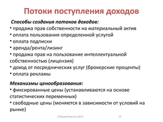 Потоки поступления доходов
Способы создания потоков доходов:
• продажа прав собственности на материальный актив
• оплата пользования определенной услугой
• оплата подписки
• аренда/рента/лизинг
• продажа прав на пользование интеллектуальной
собственностью (лицензия)
• доход от посреднических услуг (брокерские проценты)
• оплата рекламы
Механизмы ценообразования:
• фиксированные цены (устанавливаются на основе
статистических переменных)
• свободные цены (меняются в зависимости от условий на
рынке)
(C)ВадимГоренко,2015 19
 