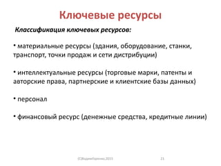 Ключевые ресурсы
Классификация ключевых ресурсов:
• материальные ресурсы (здания, оборудование, станки,
транспорт, точки продаж и сети дистрибуции)
• интеллектуальные ресурсы (торговые марки, патенты и
авторские права, партнерские и клиентские базы данных)
• персонал
• финансовый ресурс (денежные средства, кредитные линии)
(C)ВадимГоренко,2015 21
 