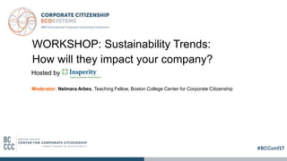 WORKSHOP: Sustainability Trends:
How will they impact your company?
Moderator: Nelmara Arbex, Teaching Fellow, Boston College Center for Corporate Citizenship
Hosted by
 