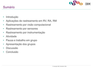 1© Copyright IBM Corporation 2020.
• Introdução
• Aplicações de rastreamento em RV, RA, RM
• Rastreamento por visão computacional
• Rastreamento por sensores
• Rastreamento por instrumentação
• Atividade
• Pausa e trabalho em grupo
• Apresentação dos grupos
• Discussão
• Conclusão
Sumário
 