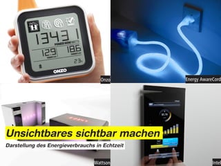 Onzo        Energy AwareCord




Unsichtbares sichtbar machen
Darstellung des Energieverbrauchs in Echtzeit


                                 Wattson                    Intel
 