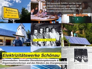 EWS Sonnencent: Beihilfen zum Bau kleiner
                                      ökologischer Erzeugungsanlagen um die
                                      Dezentralisierung und Demokratisierung der
                                      Energieversorgung voranzutreiben.




Elektrizitätswerke Schönau
Stromrebellen: Innovative Dienstleistungskonzepte &
Organinsationsformen and den Rändern des Energiesystems.
 