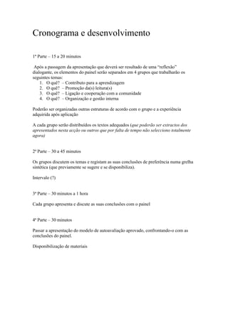 Cronograma e desenvolvimento

1ª Parte – 15 a 20 minutos

 Após a passagem da apresentação que deverá ser resultado de uma “reflexão”
dialogante, os elementos do painel serão separados em 4 grupos que trabalharão os
seguintes temas:
    1. O quê? – Contributo para a aprendizagem
    2. O quê? – Promoção da(s) leitura(s)
    3. O quê? – Ligação e cooperação com a comunidade
    4. O quê? – Organização e gestão interna

Poderão ser organizadas outras estruturas de acordo com o grupo e a experiência
adquirida após aplicação

A cada grupo serão distribuídos os textos adequados (que poderão ser extractos dos
apresentados nesta acção ou outros que por falta de tempo não selecciono totalmente
agora)


2ª Parte – 30 a 45 minutos

Os grupos discutem os temas e registam as suas conclusões de preferência numa grelha
sintética (que previamente se sugere e se disponibiliza).

Intervalo (?)


3ª Parte – 30 minutos a 1 hora

Cada grupo apresenta e discute as suas conclusões com o painel


4ª Parte – 30 minutos

Passar a apresentação do modelo de autoavaliação aprovado, confrontando-o com as
conclusões do painel.

Disponibilização de materiais
 