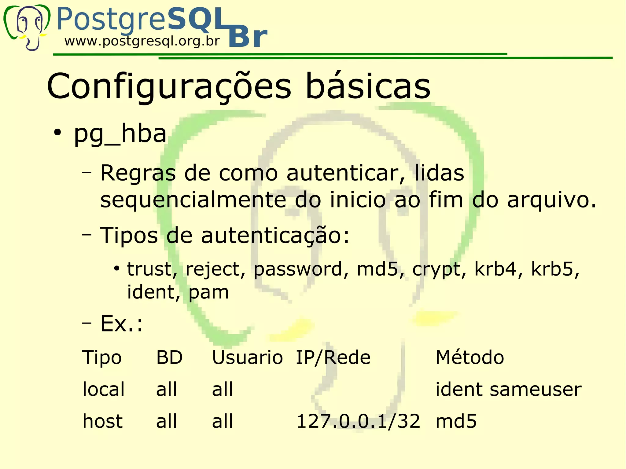 Configurações básicas
●
    pg_hba
    –   Regras de como autenticar, lidas
        sequencialmente do inicio ao fim do arquivo.
    –   Tipos de autenticação:
         ●
             trust, reject, password, md5, crypt, krb4, krb5,
             ident, pam
    –   Ex.:
    Tipo        BD    Usuario IP/Rede        Método
    local       all   all                    ident sameuser
    host        all   all     127.0.0.1/32 md5
 