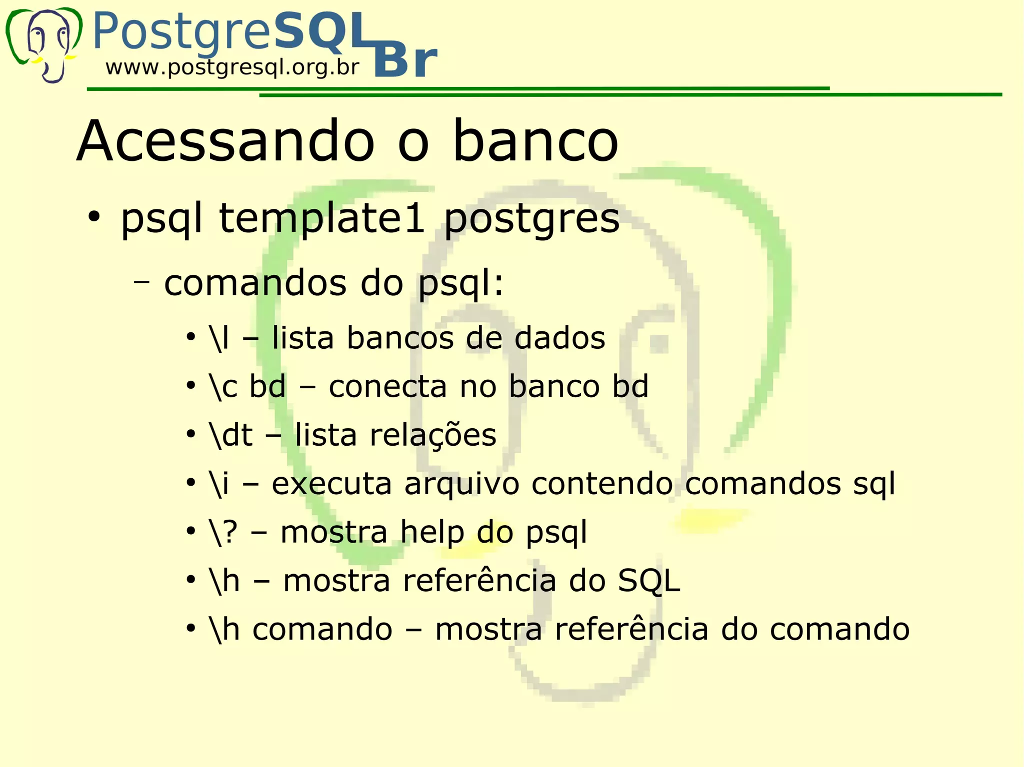 Acessando o banco
●
    psql template1 postgres
    –   comandos do psql:
         ●
             l – lista bancos de dados
         ●
             c bd – conecta no banco bd
         ●
             dt – lista relações
         ●
             i – executa arquivo contendo comandos sql
         ●
             ? – mostra help do psql
         ●
             h – mostra referência do SQL
         ●
             h comando – mostra referência do comando
 