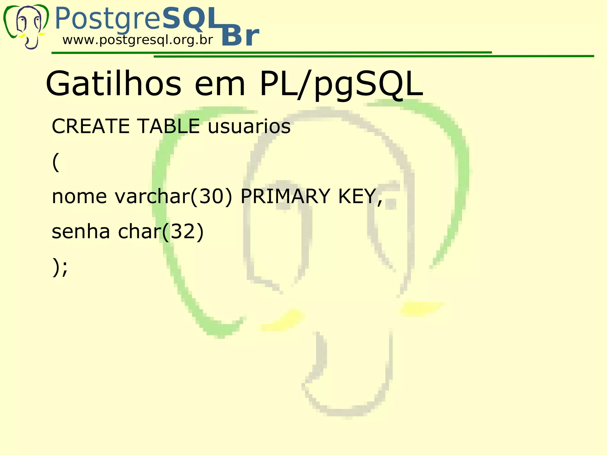 Gatilhos em PL/pgSQL
CREATE TABLE usuarios
(
nome varchar(30) PRIMARY KEY,
senha char(32)
);
 