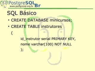 SQL Básico
●
    CREATE DATABASE minicursos;
●
    CREATE TABLE instrutores
    (
        id_instrutor serial PRIMARY KEY,
        nome varchar(100) NOT NULL
        );
 