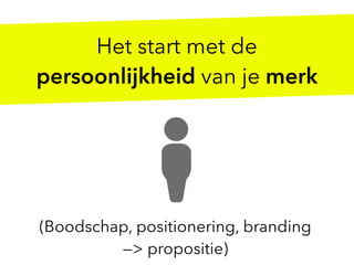 Het start met de
persoonlijkheid van je merk
(Boodschap, positionering, branding 
—> propositie)
 