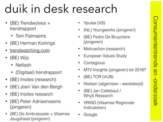 duik in desk research
• (BE) Trendwolves +
trendrapport
• Tom Palmaerts
• (BE) Herman Konings
• trendwatching.com
• (BE) Wijs
• Netlash
• (Digitaal) trendrapport
• (BE) Insites (research)
• (BE) Joeri Van den Bergh
• (BE) Insites research
• (BE) Peter Adriaenssens
(jongeren)
• (BE) De Ambrassade + Vlaamse
Jeugdraad (jongeren)
• Ypulse (VS)
• (NL) Youngworks (jongeren)
• (BE) Pedro De Bruyckere
(jongeren)
• Motivaction (research)
• European Values Study
• Contagious
• MTV Insights (jongeren) tot 2016?
• (BE) TOR (VUB)
• Nielsen (algemeen - wereldwijd)
• (BE) Jan Callebaut /  
Why5 Research
• VRIND (Vlaamse Regionale
Indicatoren)
• Google
Consumententrendsen-onderzoek
 