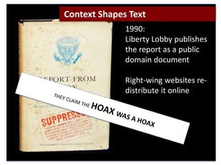 1990:
Liberty Lobby publishes
the report as a public
domain document
Right-wing websites re-
distribute it online
Context Shapes Text
 