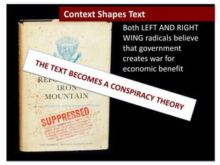 Both LEFT AND RIGHT
WING radicals believe
that government
creates war for
economic benefit
Context Shapes Text
 