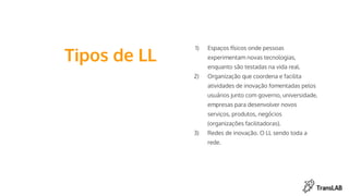 Tipos de LL
1) Espaços físicos onde pessoas
experimentam novas tecnologias,
enquanto são testadas na vida real.
2) Organização que coordena e facilita
atividades de inovação fomentadas pelos
usuários junto com governo, universidade,
empresas para desenvolver novos
serviços, produtos, negócios
(organizações facilitadoras).
3) Redes de inovação. O LL sendo toda a
rede.
 