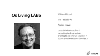 Os Living LABS William Mitchell
MIT - década 90
Pontos chave:
centralidade do usuário /
metodologia de pesquisa /
orientação para novas soluções /
ocorre em contextos da vida real /
 