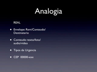 Analogia
    REAL

•   Envelope: Rem/Conteudo/
    Destinatario

•   Conteudo: texto/foto/
    audio/video

•   Tipos de Urgencia

•   CEP 00000-xxx
 